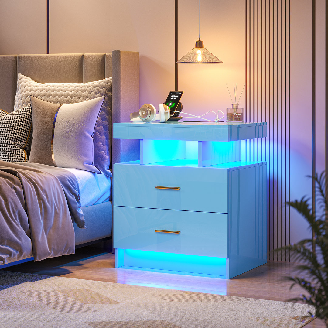 Ashten 19.69" W 2-Drawer Nightstand with USB Port and LED Light